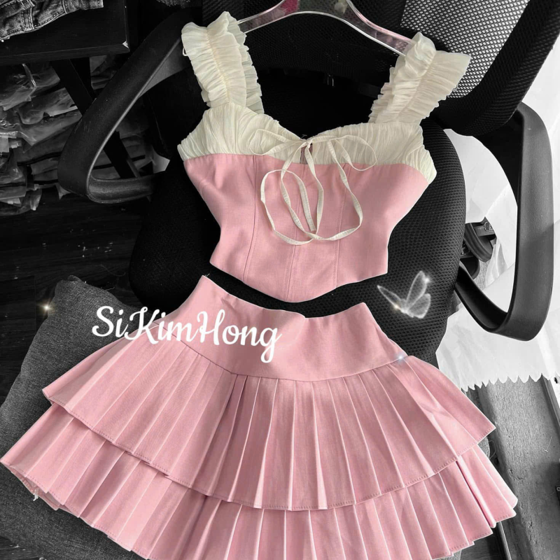 Set tk chất qc siêu phẩm phối màu + chân váy tầng có quần trong